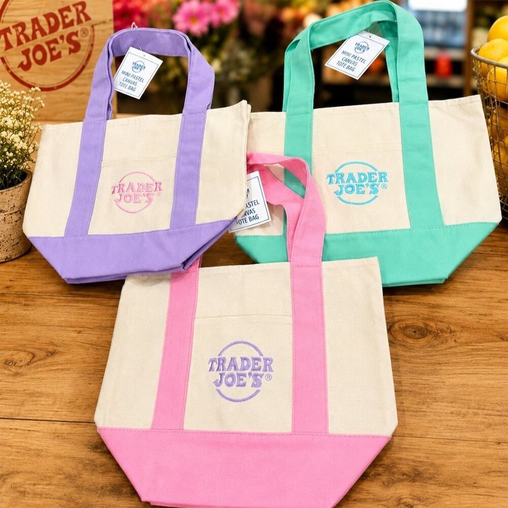 Trader Joe's Mini Pastel Canvas Tote Bags Lot of 3 Pink Purple Green cute set